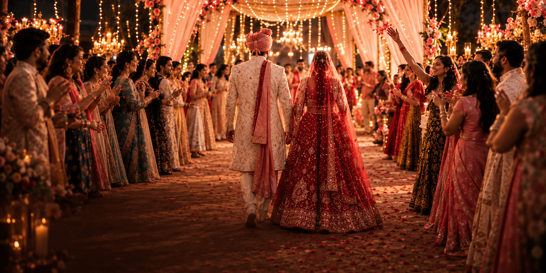 A bride and groom entering a wedding celebration beneath glowing lights